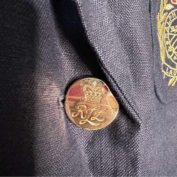 Ralph Lauren Navy Blue Embroidered Crown Crest Linen Blazer Size 4 - Picture 6 of 9
